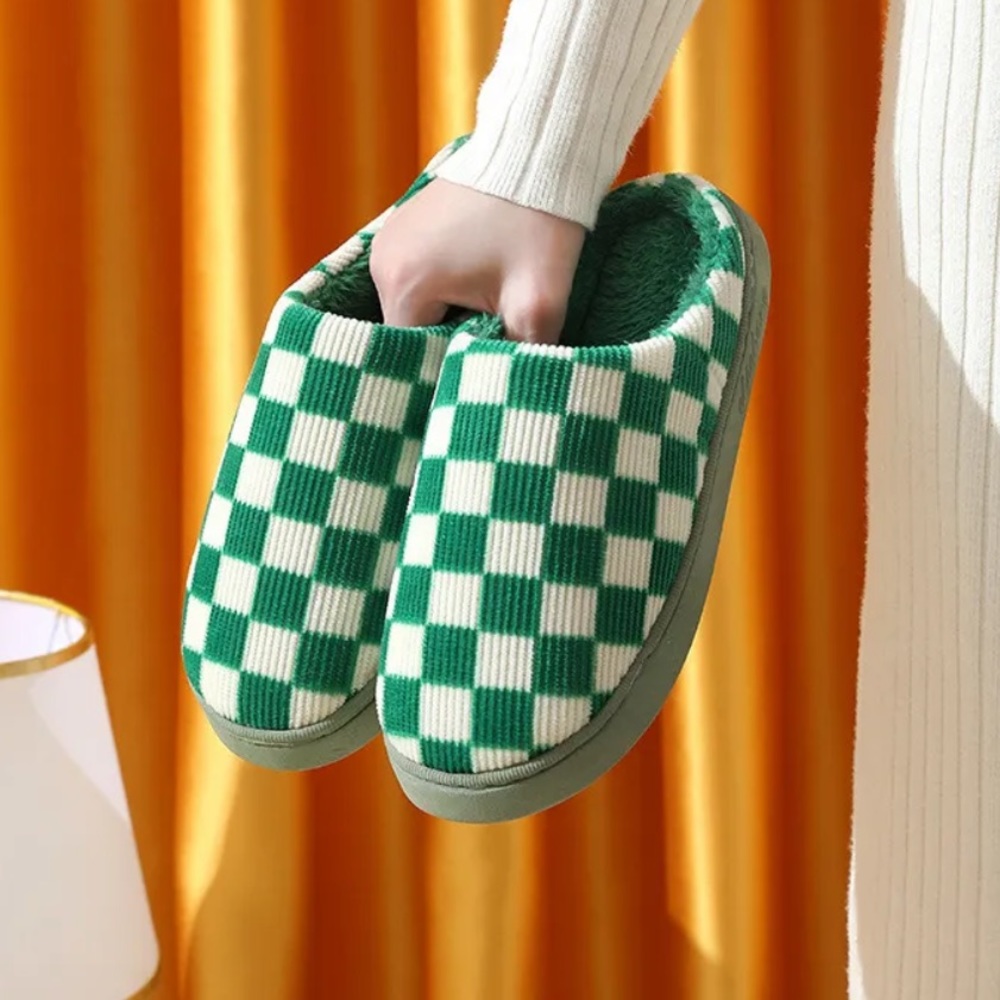 Green Plaid Checkered Fuzzy Slippers
